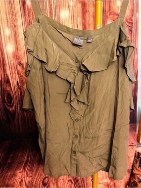 Soho Khaki Ruffle Cold Shoulder Blouse